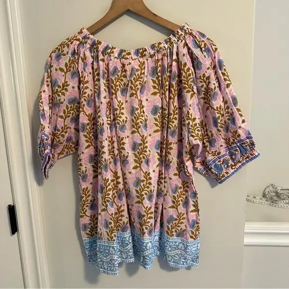 NWT Tuckernuck SZ Blockprints Pink Blue Floral Cotton Oversized Blouse Small - Picture 5 of 14